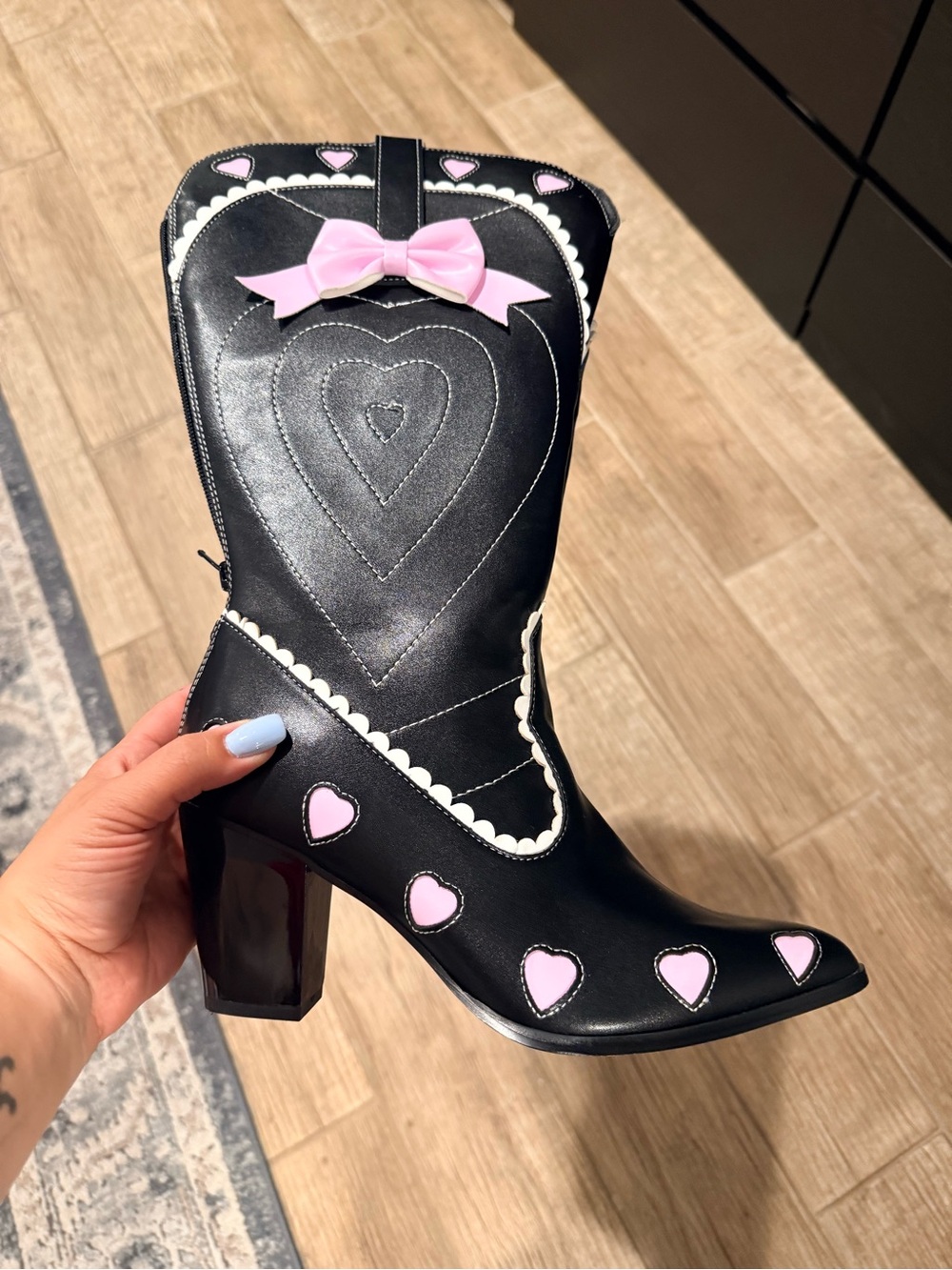 YRU Black Western Lolita Heel Boot with Pink Heart & Bow